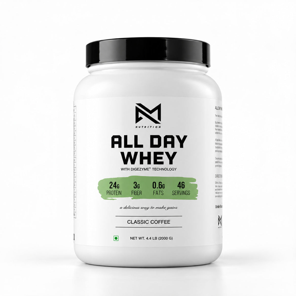 VM Nutrition All Day Whey Classic Coffee 2kg tub with black lid