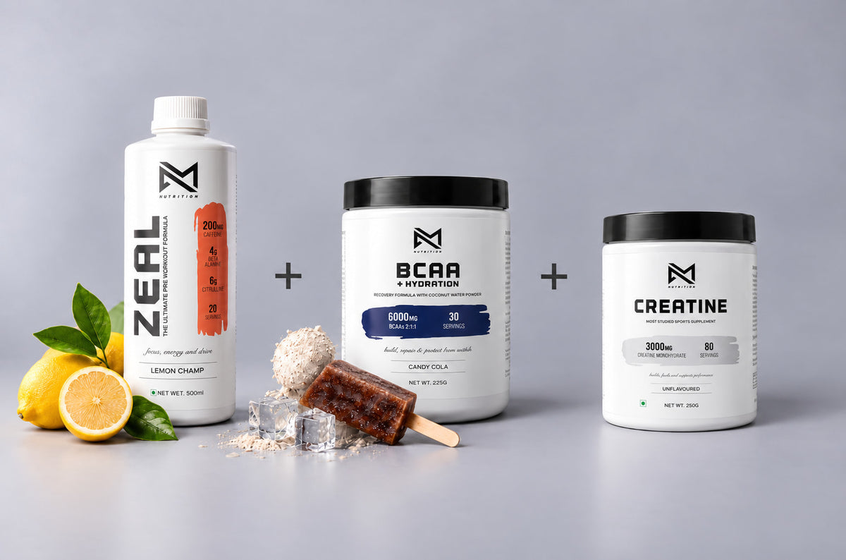 VM Nutrition Strength and Performance stack: Zeal Pre-Workout, BCAA + Hydration and Creatine