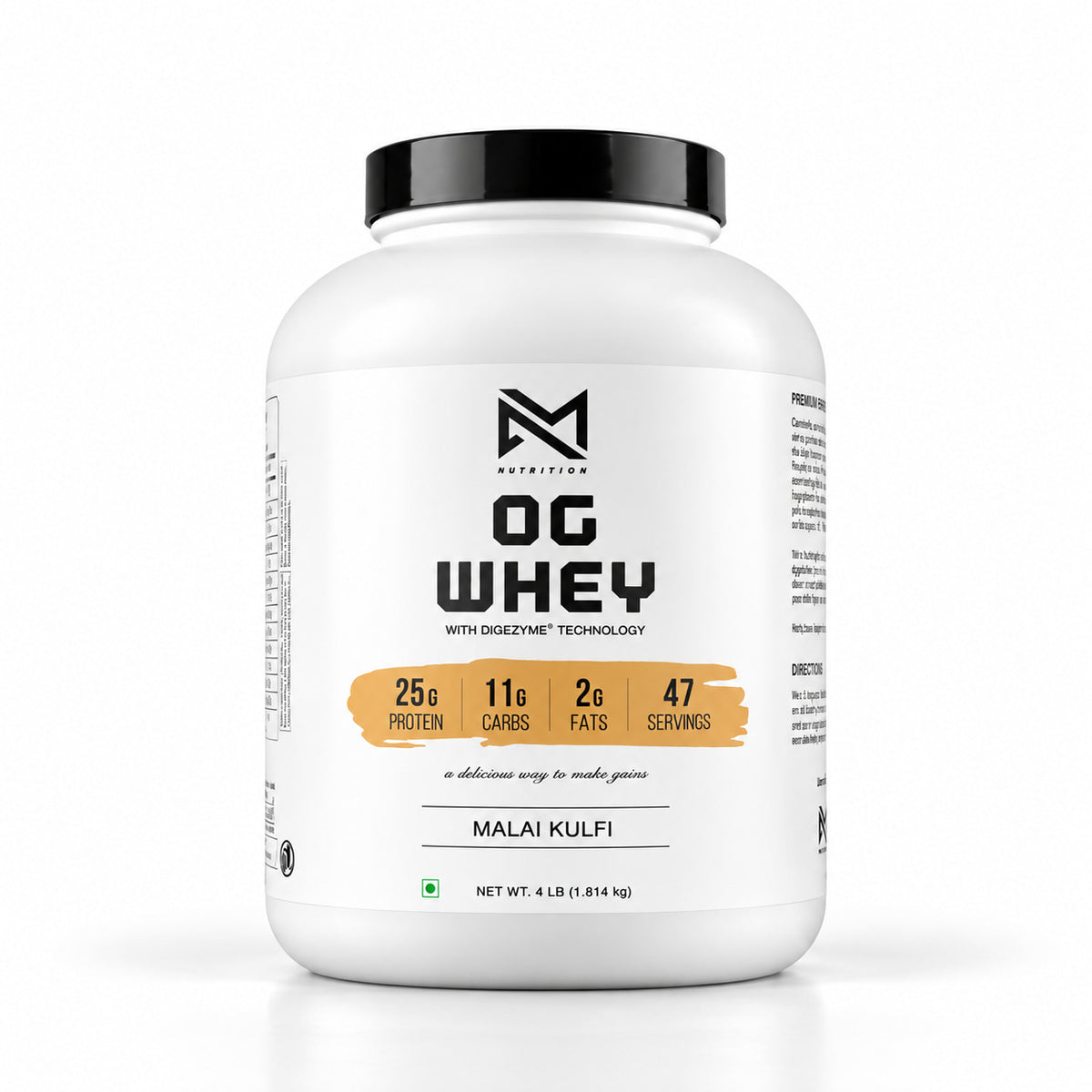 A white plastic tub of OG Whey protein powder with a black lid and a white label featuring black text and a small orange accent bar. The label reads OG WHEY and MALAI KULFI.